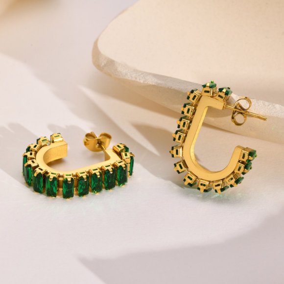 Emerald Green Zircon Baguette PVD 18K Gold Plated J Shape Hoop Earrings - Picture 4 of 7